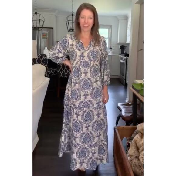 Dokotoo Medium Damask Beige Blue Maxi Dress Tiered NWT Balloon Peasant Boho - Picture 8 of 9